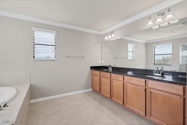 2738 Via Piazza Loop, Fort Myers, FL 33905 - bathroom featuring double vanity, a bath, ornamental molding, tile patterned flooring, and a shower