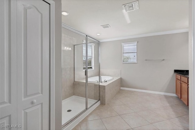 2738 Via Piazza Loop, Fort Myers, FL 33905 - full bath featuring crown molding, a bath, vanity, a stall shower, and tile patterned floors