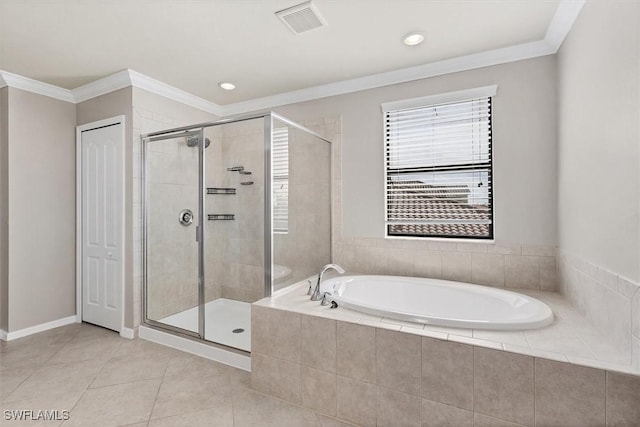 2738 Via Piazza Loop, Fort Myers, FL 33905 - full bath with a garden tub, a shower stall, tile patterned floors, crown molding, and recessed lighting