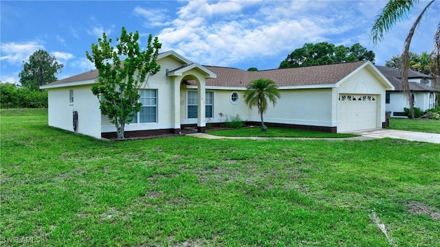 1612 Covington Meadows Cir, Lehigh Acres, FL 33936 - ranch-style house featuring an attached garage, driveway, a front yard, and stucco siding