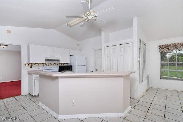 1612 Covington Meadows Cir, Lehigh Acres, FL 33936 - kitchen with white appliances, lofted ceiling, white cabinetry, light tile patterned flooring, and light countertops