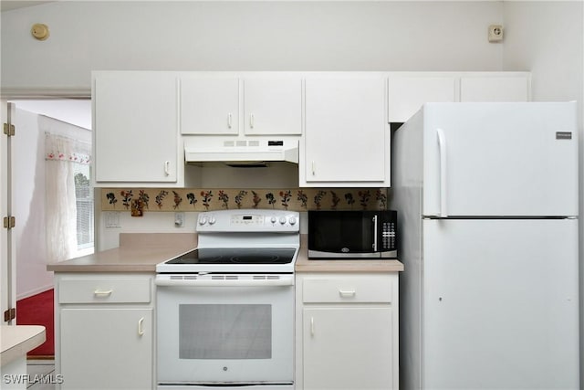 1612 Covington Meadows Cir, Lehigh Acres, FL 33936 - kitchen featuring white appliances, under cabinet range hood, light countertops, and white cabinets