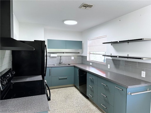 4360 Deleon St, Fort Myers, FL 33901 - kitchen with black appliances, wall chimney range hood, open shelves, and tasteful backsplash