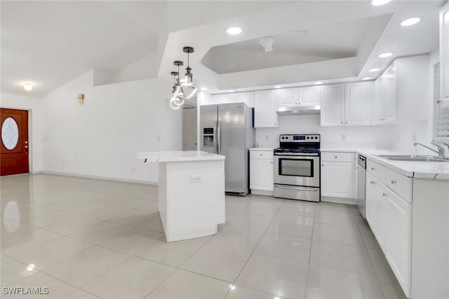 765 Aprile Ave S, Lehigh Acres, FL 33974 - kitchen featuring stainless steel appliances, under cabinet range hood, light countertops, white cabinetry, and light tile patterned flooring
