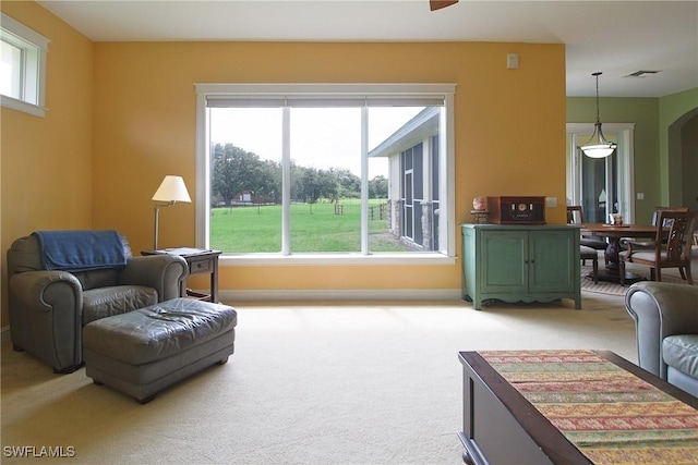 19801 N River Rd, Alva, FL 33920 - carpeted living area with arched walkways and ceiling fan