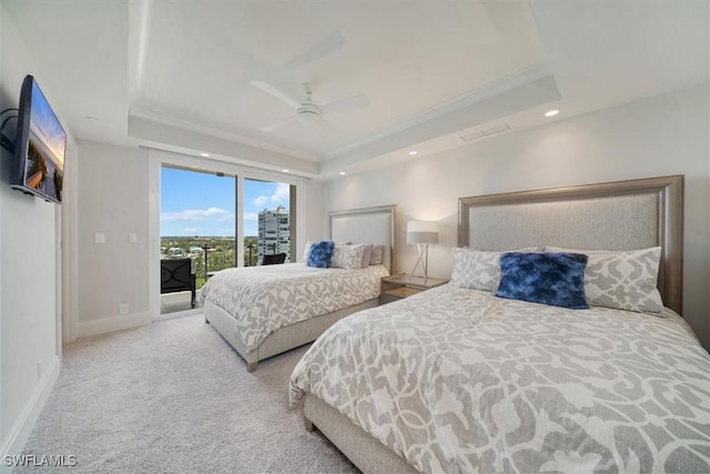 10 Seagate Dr Unit 10N, Naples, FL 34103 - bedroom with a raised ceiling, access to outside, carpet floors, ceiling fan, and recessed lighting