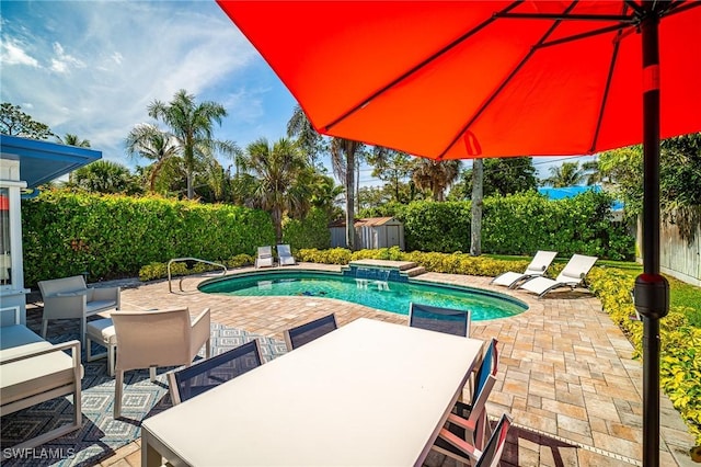 778 98th Ave N, Naples, FL 34108 - view of pool with a patio, a storage shed, outdoor dining area, and a fenced backyard