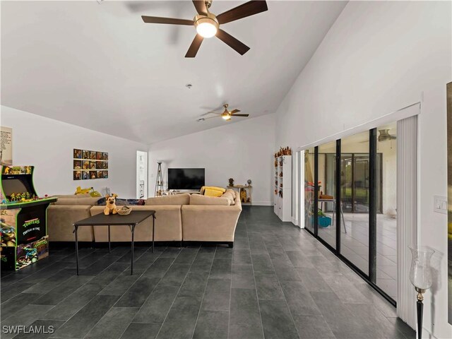 17577 Moorfield Dr, Fort Myers, FL 33908 - living area with a ceiling fan and high vaulted ceiling
