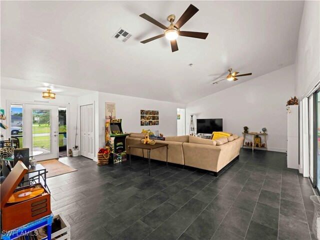 17577 Moorfield Dr, Fort Myers, FL 33908 - living area featuring a ceiling fan and lofted ceiling