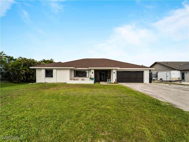 17577 Moorfield Dr, Fort Myers, FL 33908 - ranch-style home featuring concrete driveway, an attached garage, a front lawn, and stucco siding