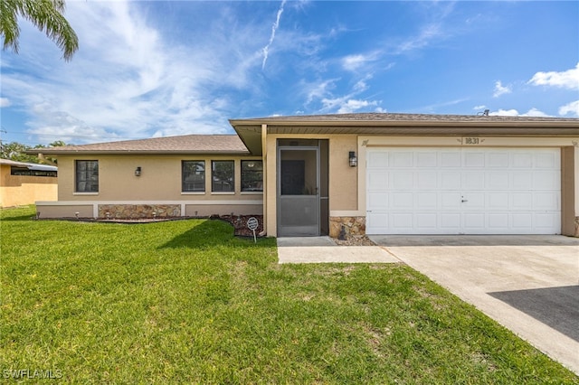 1831 SE 6th St, Cape Coral, FL 33990 - single story home with stone siding, concrete driveway, stucco siding, a front lawn, and an attached garage
