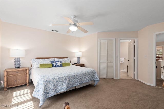 4718 Via Carmen, Naples, FL 34105 - carpeted bedroom with a ceiling fan, connected bathroom, and a closet
