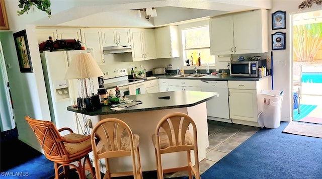 210 NE 9th Place, Cape Coral, FL 33909 - kitchen with white appliances, under cabinet range hood, dark countertops, and healthy amount of natural light