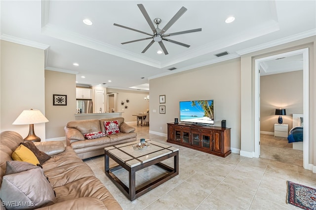 8257 Lucello Ter W, Naples, FL 34114 - living room featuring a raised ceiling, a ceiling fan, recessed lighting, ornamental molding, and light tile patterned flooring