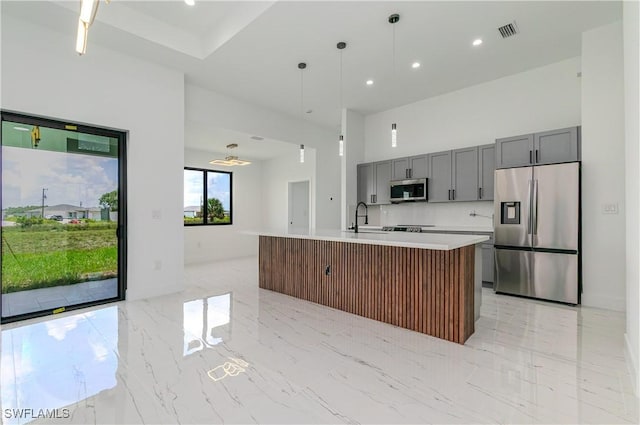 1144 Monday St, Labelle, FL 33935 - kitchen featuring appliances with stainless steel finishes, open floor plan, gray cabinets, light countertops, and a kitchen island with sink