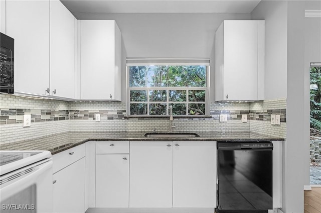 3258 Tamara Dr Unit 2, Naples, FL 34109 - kitchen featuring black dishwasher, dark stone counters, backsplash, and white cabinets