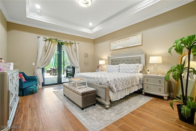 1912 Jung Blvd E, Naples, FL 34120 - bedroom featuring access to exterior, crown molding, wood finished floors, a raised ceiling, and recessed lighting