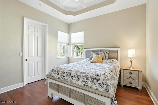 178 Shadroe Cove Cir Unit 903, Cape Coral, FL 33991 - bedroom with a tray ceiling, dark wood finished floors, ornamental molding, and ceiling fan