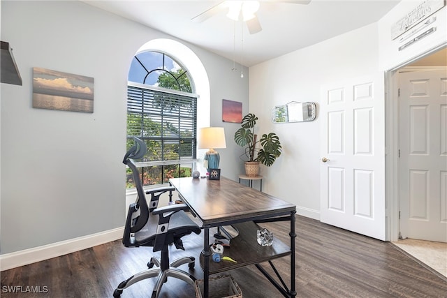 6769 Berwick Pl, Naples, FL 34104 - office area featuring a ceiling fan and wood finished floors