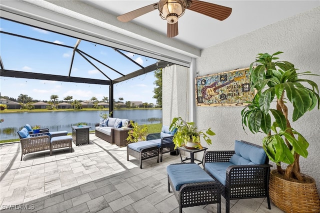 14803 Edgewater Cir, Naples, FL 34114 - view of patio featuring an outdoor hangout area, a water view, ceiling fan, and a lanai