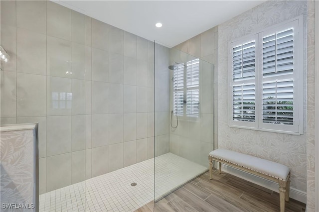 10082 Palazzo Dr, Naples, FL 34119 - bathroom with a walk in shower, wood finish floors, and recessed lighting