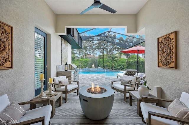 10082 Palazzo Dr, Naples, FL 34119 - view of patio featuring a fire pit, an outdoor pool, a ceiling fan, and a lanai