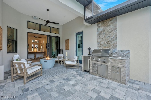 10082 Palazzo Dr, Naples, FL 34119 - view of patio featuring an outdoor fire pit, area for grilling, and ceiling fan