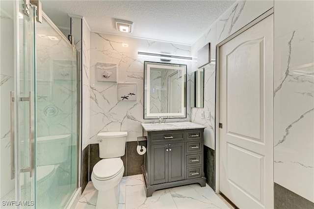 5482 Globe Ter, North Port, FL 34286 - full bath with marble finish flooring, a textured ceiling, vanity, a marble finish shower, and tile walls