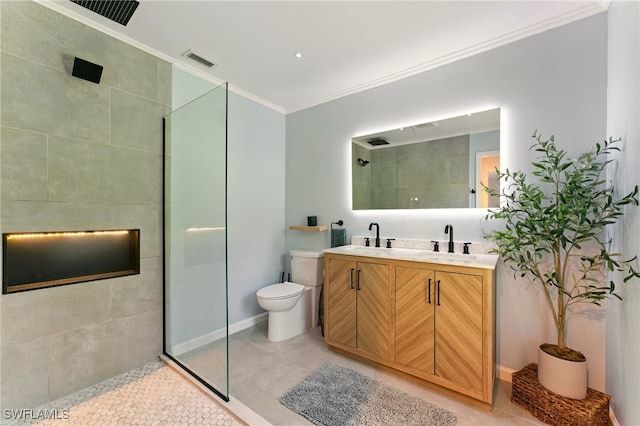 2491 43rd St SW, Naples, FL 34116 - full bathroom featuring walk in shower, double vanity, crown molding, and tile patterned flooring
