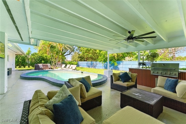 2491 43rd St SW, Naples, FL 34116 - fenced backyard featuring a grill, an outdoor living space, ceiling fan, and a patio