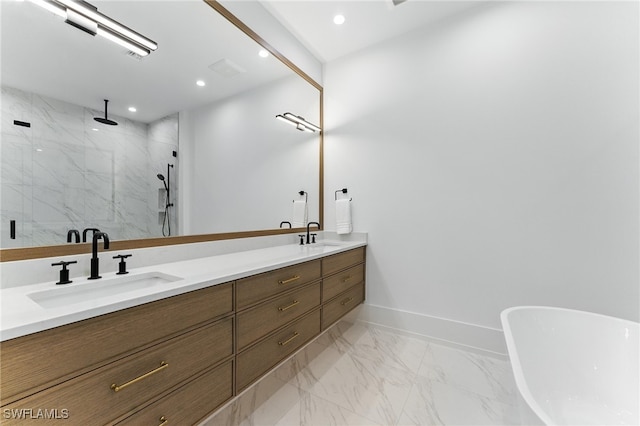 201 8th St S Unit 208, Naples, FL 34102 - full bath featuring a marble finish shower, double vanity, a freestanding tub, marble look tile flooring, and recessed lighting