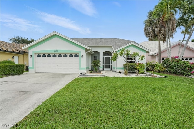 6643 Craven Hill Way, Naples, FL 34104 - ranch-style house with a front lawn, an attached garage, stucco siding, and driveway