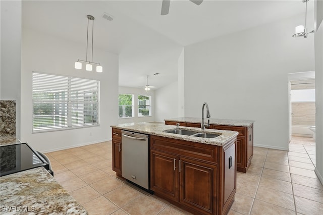 6643 Craven Hill Way, Naples, FL 34104 - kitchen with dishwasher, ceiling fan, a kitchen island with sink, electric range, and light tile patterned flooring