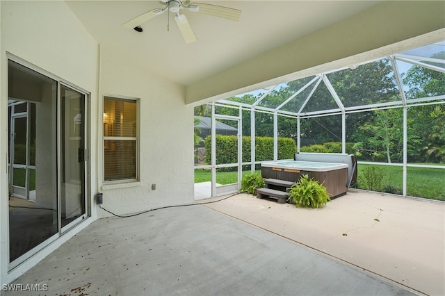 6643 Craven Hill Way, Naples, FL 34104 - unfurnished sunroom featuring a hot tub, ceiling fan, plenty of natural light, and lofted ceiling
