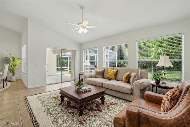 6643 Craven Hill Way, Naples, FL 34104 - living room with a ceiling fan, vaulted ceiling, and light tile patterned floors