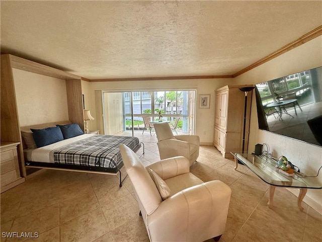 377 Vanderbilt Beach Rd Unit 103, Naples, FL 34108 - bedroom with access to exterior, light tile patterned floors, crown molding, and a textured ceiling