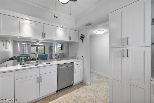 6296 Sugar Bush Ln Unit C, Fort Myers, FL 33908 - kitchen featuring stainless steel dishwasher, ceiling fan, white cabinetry, ornamental molding, and light countertops