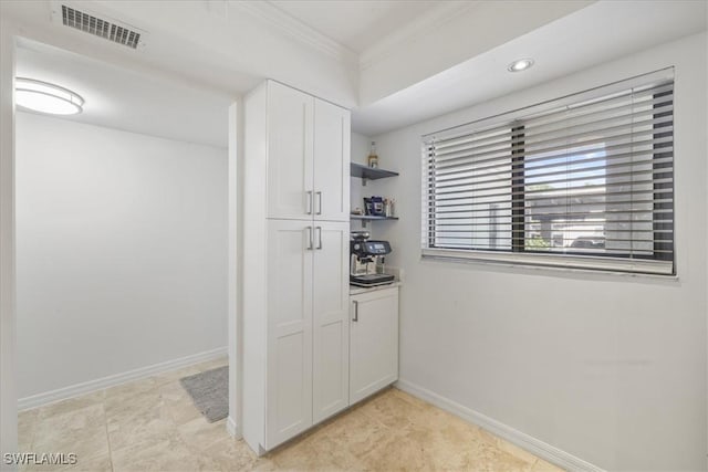 6296 Sugar Bush Ln Unit C, Fort Myers, FL 33908 - kitchen featuring white cabinets, ornamental molding, open shelves, and recessed lighting