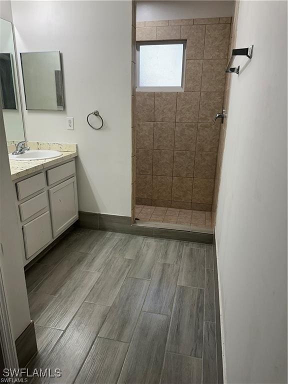 4520 19th St SW, Lehigh Acres, FL 33973 - bathroom with vanity, a tile shower, and wood tiled floors
