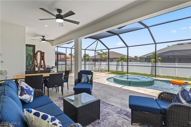 301 NW 36th Ave, Cape Coral, FL 33993 - view of patio / terrace featuring an outdoor hangout area, outdoor dining space, ceiling fan, a pool with connected hot tub, and glass enclosure