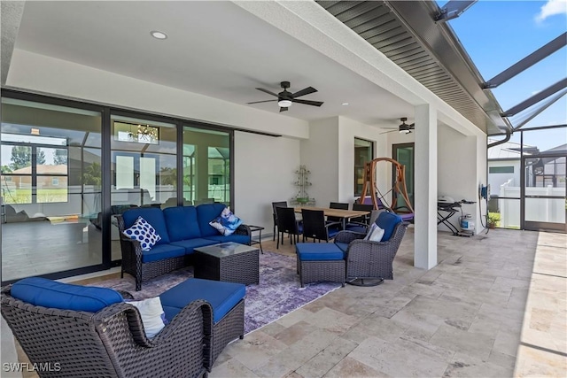 301 NW 36th Ave, Cape Coral, FL 33993 - view of patio / terrace featuring outdoor lounge area, a ceiling fan, outdoor dining area, and glass enclosure