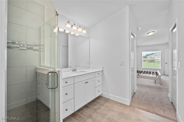 2801 50th St SW, Lehigh Acres, FL 33976 - bathroom featuring vanity, wood finish floors, and an enclosed shower