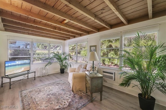 5034 Westminster Dr, Fort Myers, FL 33919 - sunroom / solarium featuring a wood ceiling with exposed beams, wood finished floors, and a wall mounted air conditioner