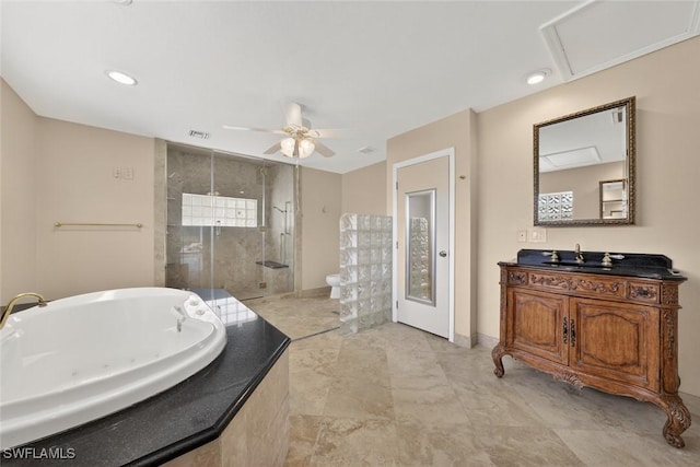8060 Glenfinnan Cir, Fort Myers, FL 33912 - bathroom featuring a stall shower, vanity, a bath, and ceiling fan