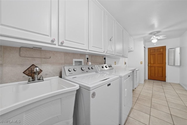 8060 Glenfinnan Cir, Fort Myers, FL 33912 - laundry room with washing machine and dryer, cabinet space, light tile patterned floors, and a ceiling fan
