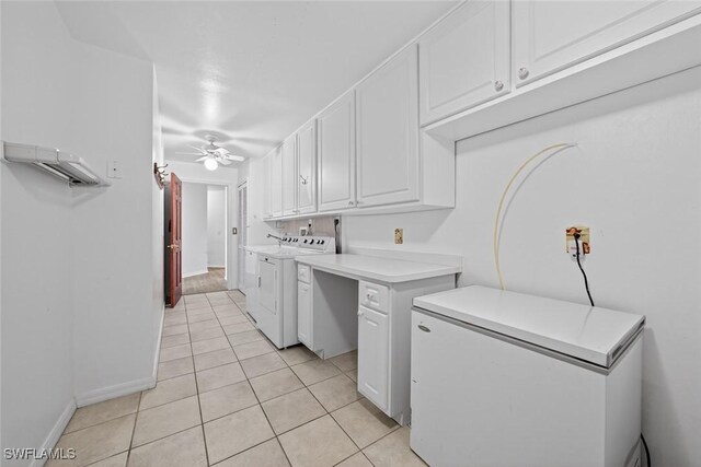8060 Glenfinnan Cir, Fort Myers, FL 33912 - kitchen with white refrigerator, washing machine and clothes dryer, ceiling fan, white cabinetry, and light countertops
