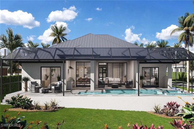 101 Beachcomber St, Marco Island, FL 34145 - back of property featuring an outdoor hangout area, stucco siding, an outdoor pool, a patio, and a yard