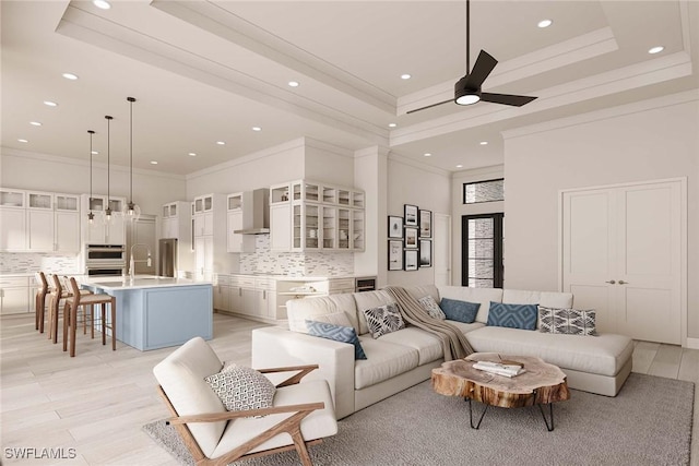 101 Beachcomber St, Marco Island, FL 34145 - living area featuring a high ceiling, ceiling fan, recessed lighting, and crown molding