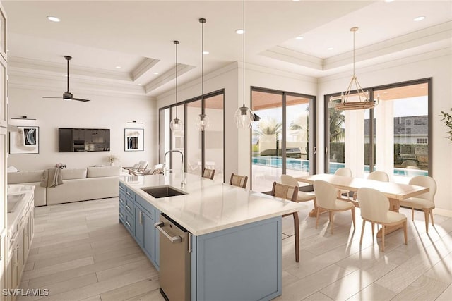 101 Beachcomber St, Marco Island, FL 34145 - kitchen with a tray ceiling, dishwasher, open floor plan, hanging light fixtures, and crown molding