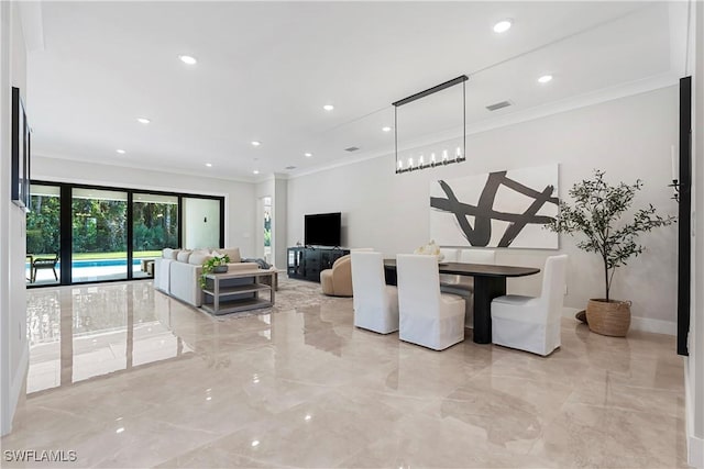240 Allamanda Way, Naples, FL 34114 - dining space featuring crown molding, light marble finish flooring, and recessed lighting